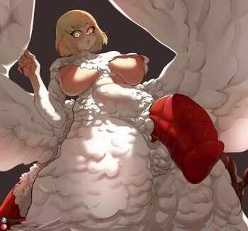1futa absurdres artist_name blonde_hair breasts chimera dungeon_meshi falin_touden falin_touden_(chimera) feathered_wings feathers from_below futanari highres huge_breasts large_breasts liuskin looking_at_viewer monster_girl nipples patreon_logo patreon_username penis red_penis short_hair simple_background slit_pupils solo subscribestar_logo subscribestar_username taur watermark web_address white_feathers white_wings wings yellow_eyes