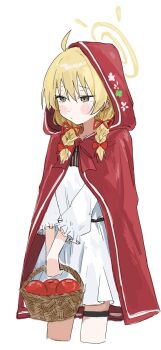 1girl ahoge apple basket belt blonde_hair blue_archive blush bow braid braided_twintails cloak closed_mouth cosplay cowboy_shot cropped_legs dress floral_print food fruit hair_bow hair_ribbon halo haruharu_sensei highres holding holding_basket hood hood_up hooded_cloak little_red_riding_hood_(fairy_tale) little_red_riding_hood_(fairy_tale_character) little_red_riding_hood_(fairy_tale_character)_(cosplay) long_hair low_twintails red_bow red_cloak red_ribbon ribbon short_dress simple_background solo standing thigh_strap twin_braids twintails v_arms white_background white_dress yellow_eyes yellow_halo yoshimi_(blue_archive)
