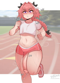 1boy afterimage artist_name astolfo_(fate) blush braid braided_ponytail crop_top cum curvy dokima exercising fate/grand_order fate_(series) gym_shorts hair_intakes hair_ribbon highres huge_penis jogging long_hair multicolored_hair navel outdoors parted_lips patreon_username penis pink_hair precum precum_string purple_eyes ribbon running shiny_skin shoes short_shorts shorts sidelocks sneakers solo sound_effects sweat thick_thighs thighs trap two-tone_hair white_background wide_hips