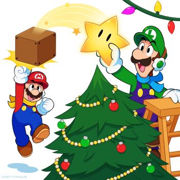 2boys ?_block blue_eyes blue_overalls blue_scarf brothers brown_hair christmas_ornaments christmas_tree commentary english_commentary facial_hair gloves green_hat green_shirt hat highres luigi mario mario_&amp;_luigi_rpg mario_(series) merry_christmas multiple_boys mustache nintendo open_mouth overalls red_hat red_shirt scarf shirt short_hair siblings smile star_(symbol) super_star_(mario) vinny_(dingitydingus) white_gloves wooden_ladder yellow_scarf