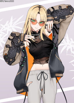 1girl black_jacket black_nails black_tank_top blonde_hair commentary green_eyes highres hololive hololive_dev_is jacket koganei_niko long_hair multicolored_hair nail_polish open_clothes open_jacket orange-tinted_eyewear pants parted_bangs roots_(hair) round_eyewear solo streaked_hair tank_top tinted_eyewear white_pants wuwuwu_(kriswu555)