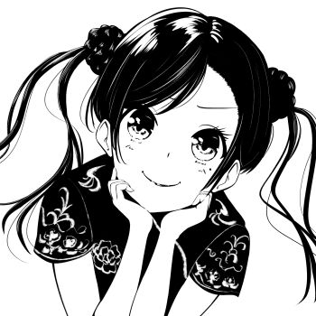 1girl alternate_costume blush bokutachi_wa_benkyou_ga_dekinai chinese_clothes double_bun furuhashi_fumino hair_bun highres mole mole_under_eye monochrome smile solo twintails upper_body