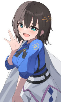 Rule 34 | 1girl, absurdres, aoi erika, black hair, blue eyes, hair ornament, hairpin, heaven burns red, highres, looking at viewer, niwanwagon, open mouth, short hair, simple background, smile, waving