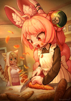 2girls absurdres animal_ear_fluff animal_ear_piercing animal_ears animal_hands apron blonde_hair braid carrot cat_ears cat_girl commentary dated_commentary food furry furry_female green_eyes hair_ornament highres indoors long_hair long_sleeves multiple_girls open_mouth pepper_gecko72 pink_hair pulchra_fellini rabbit_ears rabbit_girl red_eyes sphere_hair_ornament thick_eyebrows twin_braids zenless_zone_zero zhao_(zenless_zone_zero)
