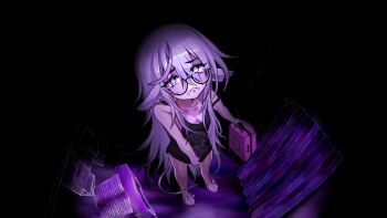 Rule 34 | 1girl, 56koruru, animal ears, animal slippers, biting own lip, black dress, breasts, cleavage, crying, crying with eyes open, dress, dress tug, from above, full body, glasses, hair over shoulder, highres, holding, holding suitcase, id and i, lolratz, long hair, non-web source, official art, pink hair, purple eyes, seraline, single hair streak, slippers, solo, suitcase, tail, tears, very long hair