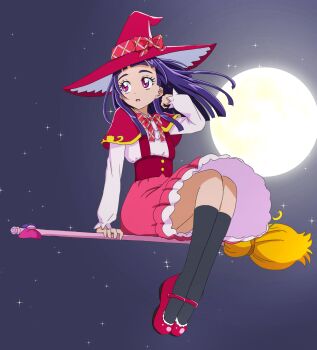 1girl absurdres arched_bangs black_socks bow bowtie broom broom_riding capelet commentary full_body full_moon hakuino_hakase hand_up hat hat_bow highres izayoi_liko kneehighs layered_skirt long_hair magic_school_uniform_(mahou_girls_precure!) mahou_girls_precure! mary_janes moon night night_sky outdoors pink_skirt precure purple_hair red_bow red_bowtie red_capelet red_hat red_shoes school_uniform shirt shirt_tucked_in shoes sitting skirt sky socks solo star_(sky) starry_sky underbust white_shirt witch witch_hat