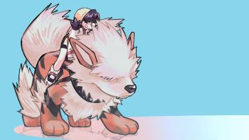 Rule 34 | 1girl, animal collar, arcanine, artist name, backpack, bag, black hair, black shorts, blue background, bouro73, collar, commentary, covered eyes, earrings, fangs, fluffy, full body, gen 1 pokemon, grey eyes, hat, highres, jewelry, kris (pokemon), long sleeves, medium hair, nintendo, pokemon, pokemon (creature), pokemon adventures, red bag, reflective floor, riding, riding pokemon, shirt, shorts, star (symbol), star earrings, symbol-only commentary, tail, twintails, two-tone shorts, white fur, white shirt, yellow hat, yellow shorts