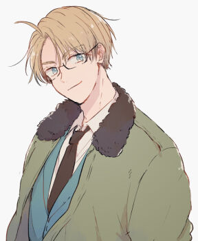 1boy ahoge america_(hetalia) axis_powers_hetalia black-framed_eyewear black_necktie blonde_hair blue_eyes blue_jacket closed_mouth collared_shirt commentary fur-trimmed_jacket fur_trim glasses green_jacket hair_between_eyes jacket lapels long_sleeves looking_at_viewer male_focus mofmai necktie official_alternate_costume open_clothes open_jacket semi-rimless_eyewear shirt short_hair simple_background smile solo symbol-only_commentary upper_body white_background white_shirt