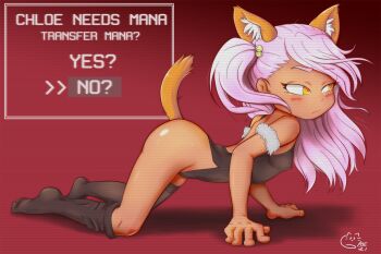 1girl all_fours animal_ears bare_hips bare_shoulders black_leotard black_thighhighs blush cat_ears cat_tail character_name chloe_von_einzbern closed_mouth covered_erect_nipples dark-skinned_female dark_skin dot_nose embarrassed english_text eyelashes fake_animal_ears fake_tail fate/kaleid_liner_prisma_illya fate_(series) female_focus flat_chest from_side full_body highleg highleg_leotard large_variant_set leotard loli long_hair looking_afar looking_to_the_side one_side_up pink_hair poethewondercat red_background simple_background solo tail thighhighs toes tsundere variant_set yellow_eyes