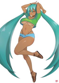 1girl aqua_hair blush bracelet brazilian_miku breasts commentary_request cosplay crop_top dark-skinned_female dark_skin denim denim_shorts finalcake full_body green_shirt hatsune_miku highleg highleg_panties highres jewelry large_breasts laura_matsuda laura_matsuda_(cosplay) long_hair no_bra official_alternate_costume one_eye_closed panties puckered_lips sandals shirt short_shorts shorts solo street_fighter street_fighter_v tan tanline thighs toes twintails underboob underwear very_long_hair vocaloid white_background