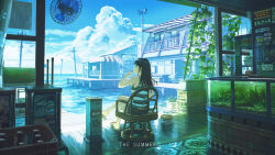 Rule 34 | 1girl, awning, bare arms, black hair, black skirt, blue sky, building, chair, cigarette, cloud, commentary request, crossed legs, cumulonimbus cloud, day, electric fan, fish tank, flip-flops, highres, holding, holding cigarette, long hair, original, pier, power lines, railing, rug, sandals, scenery, sidelocks, sitting, skirt, sky, solo, striped tank top, sugi87, summer, tank top, window, wooden floor