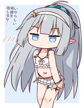 1girl bikini blue_eyes blunt_bangs border closed_mouth collarbone feet_out_of_frame grey_hair hairband hana_kazari highres jitome long_hair navel outside_border pointy_ears ponytail revision sidelocks simple_background solo standing stella_sora swimsuit translation_request tyrant_(stella_sora) very_long_hair white_bikini white_border white_hairband