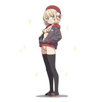 1girl beret bikini bikini_under_clothes black_thighhighs blonde_hair blush braid breasts brown_bikini brown_sandals drawstring full_body green_eyes grey_jacket groin hair_rings hands_in_pockets hat hatsunatsu highleg highleg_bikini hood hood_down hooded_jacket indie_virtual_youtuber jacket looking_at_viewer medium_breasts navel pinstripe_jacket pinstripe_pattern red_hat sandals shadow shigure_ui_(vtuber) shigure_ui_(vtuber)_(1st_costume) simple_background smile solo sparkle standing swimsuit thighhighs virtual_youtuber white_background