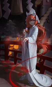 1girl absurdres animal_ears bow breasts bridge brown_hair ear_covers ear_ribbon flower hair_between_eyes hair_ornament highres horse_ears horse_girl horse_tail japanese_clothes kimono lantern long_hair long_sleeves looking_at_viewer multicolored_hair night oscnordin outdoors paper_lantern parted_lips red_eyes sandals smile socks solo spider_lily still_in_love_(umamusume) streaked_hair string string_of_fate tail umamusume veil very_long_hair water white_hair white_kimono white_socks white_veil wide_sleeves