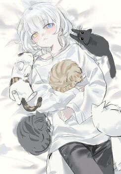 1girl :< animal bang_dream! bang_dream!_it's_mygo!!!!! black_cat black_pants blue_eyes blush cat cat_on_chest chinese_commentary commentary_request cowboy_shot grey_cat heterochromia highres holding holding_animal holding_cat kaname_raana leqing68425 long_sleeves looking_at_viewer lying on_back orange_cat pants shirt solo surrounded tabby_cat white_cat white_hair white_shirt yellow_eyes