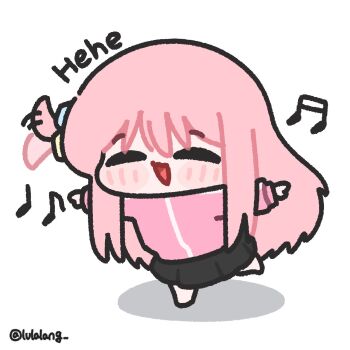 1girl black_skirt blush_stickers bocchi_the_rock! chibi chibi_only closed_eyes commentary dancing english_commentary facing_viewer full_body gotoh_hitori hair_wagging happy highres jacket long_hair lulalang musical_note one_side_up open_mouth pink_hair pink_jacket simple_background skirt smile solo standing standing_on_one_leg twitter_username white_background