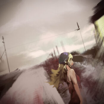 1girl absurdres arm_at_side aviator_cap bare_arms black_helmet blonde_hair blue_sky breasts building cloud cloudy_sky commentary_request cowboy_shot dress dutch_angle from_side grey_sky helmet highres long_hair looking_to_the_side monogatari_(series) oshino_shinobu overcast power_lines profile red_dress road shishirui_san sky small_breasts solo sundress utility_pole very_long_hair vignetting yellow_eyes