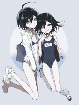 2boys backpack bag bikini black_hair blue_bikini blush commentary covered_navel covering_privates crossdressing crossdressing_(mtf) danganronpa_(series) danganronpa_v3:_killing_harmony flipped_hair gradient_background grey_background hair_between_eyes highres hood hoodie long_sleeves looking_at_viewer loose_socks male_focus multiple_boys oma_kokichi one-piece_swimsuit pale_skin purple_eyes purple_hair saihara_shuichi sandals school_swimsuit short_hair shy simple_background skinny smile socks sweatdrop swimsuit trap usagi_mi_nagi white_hoodie yellow_eyes