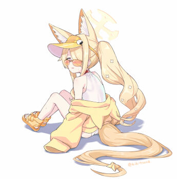 1girl animal_ears bare_shoulders blonde_hair blue_archive cardigan fox_ears fox_tail from_behind full_body hair_over_one_eye hibi_tsuna highres knees_up long_hair looking_at_viewer looking_back official_alternate_costume one-piece_swimsuit one_eye_covered orange-tinted_eyewear orange_sandals sandals seia_(blue_archive) seia_(swimsuit)_(blue_archive) shadow simple_background sitting sleeves_past_fingers sleeves_past_wrists solo sunglasses swimsuit tail tinted_eyewear twitter_username visor_cap white_background white_one-piece_swimsuit wide_shot yellow_cardigan