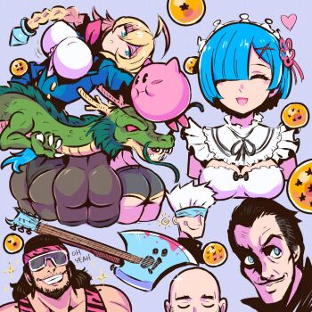 4boys 5girls akairiot artist_self-insert ass bald beard black_hair blazblue blindfold blonde_hair blue_eyes blue_hair braid breasts claws closed_eyes commentary cropped_torso crossover dragon dragon_ball dragon_ball_(object) english_commentary es_(xblaze) facial_hair frills glint gojou_satoru hair_between_eyes hair_ornament hair_over_one_eye hairclip heart highres jujutsu_kaisen kirby kirby_(series) large_breasts medium_breasts multiple_boys multiple_crossover multiple_girls mustache nintendo open_mouth purple_background re:zero_kara_hajimeru_isekai_seikatsu real_life rem_(re:zero) shenron_(dragon_ball) smile sunglasses tongue tongue_out white_hair wwe xblaze