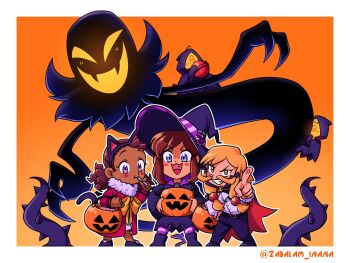 1boy 3girls a_hat_in_time alternate_costume animal_ear_hairband animal_ears basket belt blonde_facial_hair blonde_hair blue_eyes blush boots border bow bow_kid brown_hair buttons candy cape cat_ears child closed_mouth commentary_request dark-skinned_female dark_skin dress facial_hair fake_animal_ears fake_tail fang fewer_digits food fur-trimmed_robe fur_trim ghost ghost_tail hair_ornament hairband halloween halloween_costume hat hat_kid hat_ribbon highres holding holding_basket holding_candy holding_food holding_lollipop lollipop lollipop_in_mouth long_hair long_sleeves looking_at_viewer medallion minion_(a_hat_in_time) multiple_girls mustache mustache_girl official_alternate_costume open_mouth orange_background outline pants plant pointing pointing_at_viewer purple_boots purple_cape purple_dress purple_eyes purple_hairband purple_hat purple_pants purple_ribbon purple_shoes purple_tail purple_thighhighs red_cape red_robe ribbon robe shirt shoes sidelocks skin_fang smile snatcher_(a_hat_in_time) star_(symbol) striped_clothes striped_ribbon striped_thighhighs tail teeth test_tube thighhighs thorns twitter_username vines white_border white_outline white_shirt witch_hat yellow_bow yellow_eyes zabalam_inana