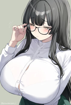 1girl adjusting_eyewear black-framed_eyewear black_hair blush bra_visible_through_clothes breasts button_gap closed_mouth commentary_request embarrassed fingernails glasses green_background hair_over_shoulder highres huge_breasts long_hair original shirt simple_background solo twitter_username urabanasimati white_shirt yellow_eyes