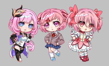 Rule 34 | 3girls, aaali!, black boots, black gloves, black shorts, black shrug, blue eyes, blue skirt, blush, boots, chibi, chibi only, color connection, commentary, corset, doki doki literature club, doki doki literature club school uniform, double bun, dress, elf, elysia (honkai impact), elysia (miss pink elf) (honkai impact), english commentary, gloves, grey background, grey vest, hair bun, hair color connection, hand in pocket, highres, honkai (series), honkai impact 3rd, kaname madoka, kaname madoka (magical girl), long hair, magical girl, mahou shoujo madoka magica, mahou shoujo madoka magica (anime), multiple girls, natsuki (doki doki literature club), open mouth, pink hair, pleated skirt, pointy ears, purple eyes, red boots, school uniform, shoes, short hair, shorts, shrug (clothing), simple background, single glove, skirt, socks, twintails, very long hair, vest, white corset, white dress, white gloves, white shoes, white socks