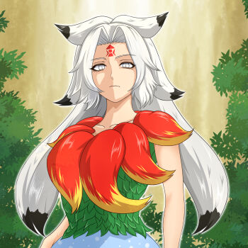 Rule 34 | 1girl, black hair, blue skirt, capelet, closed mouth, collarbone, colored tips, cowboy shot, dress, facial mark, forehead mark, forest, fossilized wonders, green leaf, hidaruma, highres, houjuu chimi, leaf clothing, leaf shirt, long hair, looking at viewer, multicolored hair, nature, shirt, skirt, sleeveless, sleeveless shirt, solo, standing, torn capelet, torn clothes, touhou, white eyes, white hair, yellow background