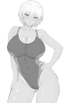 bare_arms black_one-piece_swimsuit blush breasts cameltoe cleavage cleft_of_venus collarbone commentary_request competition_swimsuit covered_navel cowboy_shot curvy groin hand_on_own_hip highleg highres kanna_(minamozuki) large_breasts looking_at_viewer monochrome one-piece_swimsuit original parted_lips pussy short_hair simple_background standing swimsuit tan thighs white_background