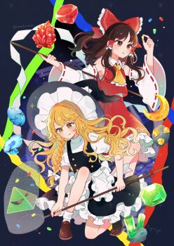 Rule 34 | 2girls, apron, ascot, blonde hair, bow, braid, broom, broom riding, colorful background, crystal, detached sleeves, dynamic pose, frilled bow, frilled hair tubes, frills, gohei, hair bow, hair tubes, hakurei reimu, hat, hat bow, highres, holding, holding gohei, kirisame marisa, mini-hakkero, mozukuzu (manukedori), multiple girls, nontraditional miko, red bow, red skirt, ribbon-trimmed sleeves, ribbon trim, side braid, single braid, skirt, skirt set, touhou, waist apron, wand, white bow, witch hat, yellow ascot