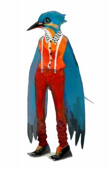 1girl bird_girl black_eyes blue_feathers blue_pupils blue_wings colored_sclera commentary_request feathered_wings feathers full_body furry furry_female grey_sclera looking_at_viewer nagabe orange_shirt original shirt simple_background solo standing suspenders tail white_background winged_arms wings