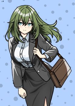 1girl alternate_costume black_skirt blue_background blue_eyes breasts brown_bag closed_mouth commentary cowboy_shot dotted_background english_commentary green_hair grey_jacket hair_between_eyes hibarakirari highres jacket large_breasts leaning_forward long_hair looking_to_the_side mole mole_under_eye office_lady shirt skirt smile solo venus_(zenless_zone_zero) white_shirt zenless_zone_zero