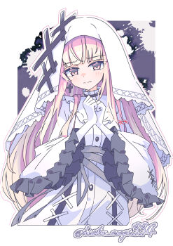 1girl absurdres blonde_hair blunt_bangs closed_mouth commentary_request cowboy_shot cross cross_earrings dress earrings frilled_dress frilled_sleeves frills gloves hands_up highres hikami_meruru hisokuasagi334 jewelry long_hair long_sleeves looking_at_viewer mahou_shoujo_no_majo_saiban outline own_hands_together pink_eyes priestess solo twitter_username veil white_dress white_gloves white_outline white_veil wide_sleeves