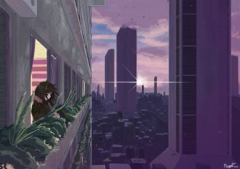 1girl artist_name black_hair blue_sky building city cityscape cloud cloudy_sky commentary diffraction_spikes english_commentary film_grain from_side fur-trimmed_jacket fur_trim green_jacket high_up highres jacket long_hair original outdoors plant purple_sky regent_ulq scenery signature sky skyscraper solo sun sunset urban window