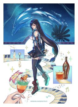 Rule 34 | 1girl, alcohol, bare shoulders, black gloves, black hair, black skirt, black thighhighs, boots, bottle, breasts, commentary, crop top, cup, dolphin, drink, earrings, elbow gloves, english commentary, final fantasy, final fantasy vii, final fantasy vii remake, fingerless gloves, flower, from side, full body, gloves, heart, highres, holding, holding cup, holding flower, instrument, jewelry, large breasts, lily (flower), lips, long hair, looking at viewer, looking back, low-tied long hair, micehellwd, miniskirt, musical note, night, piano, piano keys, profile, red boots, red eyes, signature, single arm guard, skirt, sky, solo, sparkle, star (sky), starry sky, suspender skirt, suspenders, tank top, teardrop earrings, thighhighs, tifa lockhart, water, white tank top, windmill, yellow flower, zettai ryouiki
