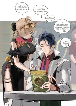 1boy 1girl ahoge black_dress black_gloves blonde_hair blue_hair blue_necktie border breasts china_dress chinese_clothes cleavage clothing_cutout cutout_above_navel damian_blackwood dress english_text eyewear_on_head fingerless_gloves formal_clothes galaxysilver game_screenshot_background gloves green_eyes hair_over_one_eye highres holding holding_menu leaning_forward medium_breasts menu necktie o-ring_necktie open_mouth orange-tinted_eyewear parted_lips pelvic_curtain purple_eyes raised_eyebrow red_shirt screenshot_background shirt short_hair single_fingerless_glove sitting speech_bubble suit sunglasses sweety_(zenless_zone_zero) table thigh_strap tinted_eyewear underboob_cutout white_border white_suit zenless_zone_zero