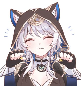 1girl animal_ears blush braid breasts cat_ears cat_girl cipher_(honkai:_star_rail) cleavage closed_eyes funafu grey_hair honkai:_star_rail honkai_(series) hood large_breasts short_hair smile solo upper_body