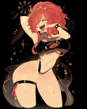 1girl arm_behind_head black_background black_choker black_panties breasts choker closed_eyes commentary crop_top cropped_legs english_commentary facing_viewer fins fish_tail hair_over_one_eye hand_up highleg highleg_panties highres large_breasts long_hair one_eye_covered open_mouth original panties parted_bangs red_hair shark_girl shark_tail sharp_teeth smile solo spiked_choker spikes sweat tail teeth tongue tongue_out underwear usa37107692 wide_hips