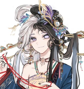 Rule 34 | 1girl, armor, black hair, blue flower, blue robe, bright pupils, chinese clothes, chinese commentary, chinese hairpin, choker, closed mouth, commentary, commentary request, crescent, crescent hair ornament, dress, eyeshadow, flower, gold armor, hair flower, hair flowing over, hair ornament, hair rings, hairpin, half updo, happy, highres, holding, holding string, infinity nikki, jiuyuemeidianwaimai, long sleeves, looking at viewer, makeup, mismatched pupils, multicolored hair, multiple hairpins, nikki (series), procreate (medium), purple eyes, purple eyeshadow, purple flower, red choker, robe, simple background, single bare shoulder, smile, solo, split-color hair, string, string of fate, symbol-shaped pupils, two-tone hair, untranslatable commentary, upper body, where wanxiang weaves life (infinity nikki), white background, white hair, white pupils, yellow dress