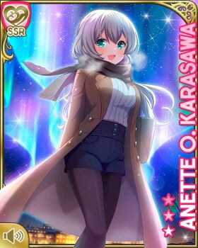 Rule 34 | 1girl, anette olga karasawa, aurora, black scarf, black shorts, blue eyes, brown jacket, card (medium), female focus, girlfriend (kari), girlfriend note, jacket, long hair, looking at viewer, night, official art, open mouth, outdoors, pantyhose, pantyhose under shorts, qp:flapper, scarf, shorts, silver hair, sky, smile, solo, standing, sweater, sweden, tagme, white sweater