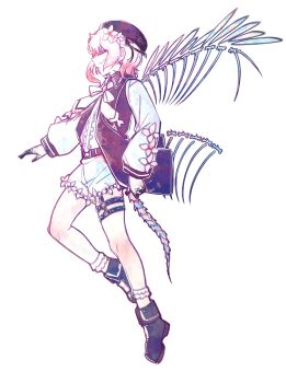 1girl bai_weizi_lingzi beret black_hat black_shoes closed_eyes colored_extremities commentary_request flower from_side full_body gradient_hair hair_flower hair_ornament hat highres long_sleeves mahou_shoujo_no_majo_saiban multicolored_hair neck_ribbon o-ring o-ring_thigh_strap pink_hair profile ribbon sakuraba_ema shirt shoes short_hair shorts simple_background skeletal_tail skeletal_wings socks solo spoilers standing tail thigh_strap white_background white_flower white_hair white_ribbon white_shirt white_shorts white_socks wings witch_(manosaba)