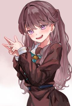 1girl :d absurdres aqua_neckerchief brown_dress brown_hair commentary_request cowboy_shot double_w dress fujishima_megumi hasu_no_sora_school_uniform highres jin_(oihlf) link!_like!_love_live! long_hair long_sleeves love_live! neckerchief open_mouth pleated_dress purple_hair sailor_collar sailor_dress school_uniform smile solo textless_version two_side_up virtual_youtuber w white_sailor_collar winter_uniform