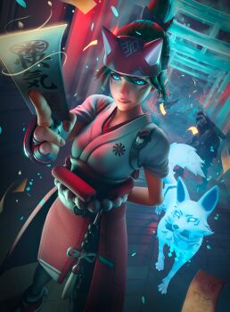 2girls 3boys 3d absurdres bow brigitte_(overwatch) doomfist_(overwatch) facial_mark fingerless_gloves fox genji_(overwatch) gloves glowing glowing_eyes green_eyes green_hair hanzo_(overwatch) highres ingyuarts japanese_clothes kimono kiriko_(overwatch) looking_at_viewer mask multiple_boys multiple_girls ninja ofuda overwatch ponytail white_kimono