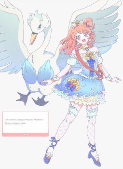 1girl :d aikatsu! aikatsu!_(series) bird blue_dress blue_shoes crossover detached_sleeves dress earrings full_body gen_5_pokemon highres idol_clothes jewelry ku_(kuooss) long_hair looking_at_viewer marshmallow_(site) nintendo one_side_up open_mouth orange_hair ozora_akari pokemon pokemon_(creature) red_sash request_inset sash shoes simple_background smile standing swan swanna thighhighs white_background white_thighhighs wrist_cuffs