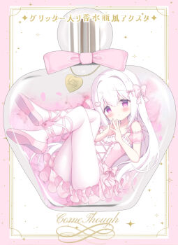 1girl :o azumi_kazuki bare_shoulders blush border bottle bow comiket_107 commentary_request detached_sleeves dress english_text hair_between_eyes hair_bow hair_intakes hair_ornament heart heart_hair_ornament highres in_bottle in_container long_hair looking_at_viewer original pantyhose parted_lips perfume_bottle pink_border pink_bow pink_dress pink_shoes pink_sleeves puffy_short_sleeves puffy_sleeves purple_eyes see-through_clothes see-through_sleeves shoe_soles shoes short_sleeves solo steepled_fingers translation_request very_long_hair white_background white_hair white_pantyhose