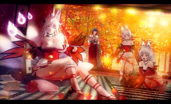 3d 4girls alcohol animal_ears autumn autumn_leaves bottle breasts cleavage commentary cup fox_ears fox_tail highres japanese_clothes kitsune large_breasts leaf long_hair miko mother_and_daughter multiple_girls multiple_tails original saiko_psycho sakazuki sake sake_bottle siblings sisters tail white_hair