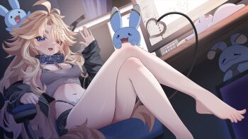 1girl absurdres animal_collar barefoot black_jacket black_shorts blonde_hair blue_eyes breasts chair collar commentary elwhy_(vtuber) firanstill1 grey_eyes hair_between_eyes heart heterochromia highres indie_virtual_youtuber jacket long_hair monitor navel open_clothes open_jacket open_mouth shorts sitting stomach tail untranslatable_commentary virtual_youtuber zipper zipper_pull_tab