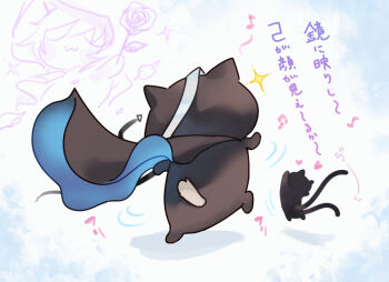 Rule 34 | :3, animal, animal ears, animal hood, arknights, beamed eighth notes, black cat, blush stickers, cat, chibi, closed eyes, closed mouth, dancing, eighth note, fake animal ears, flower, heart, holding, holding flower, hood, hood up, miss christine (arknights), motion lines, musical note, myluche, nekomata, phantom (arknights), rose, shadow, sparkle, tail, tragodia (arknights), translation request