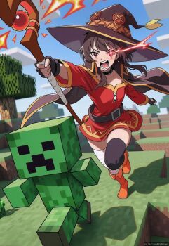1girl 1other ai-assisted artist_name asymmetrical_legwear bandaged_leg bandages belt boots brown_hair cape chasing choker cloud creeper crossover day eye_trail fingerless_gloves gloves glowing glowing_eye hat holding holding_staff ko-fi_username kono_subarashii_sekai_ni_shukufuku_wo! light_trail magic_staff megumin minecraft open_mouth outdoors red_eyes running short_hair shouting sky smile staff teeth thighhighs tree twitter_username watashinogovno witch_hat