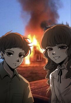 1boy 1girl backlighting black_ribbon blue_sky brown_eyes brown_hair burning burning_building closed_mouth face_piercing fear_&amp;_hunger_(series) fear_&amp;_hunger_2:_termina frilled_shirt_collar frills green_jumpsuit grin hashtag-only_commentary jumpsuit k_wan_g_03 levi_(fear_&amp;_hunger) long_hair looking_at_viewer marina_(fear_&amp;_hunger) mouth_piercing neck_ribbon photo_background piercing ribbon shirt short_hair sky smile upper_body white_shirt